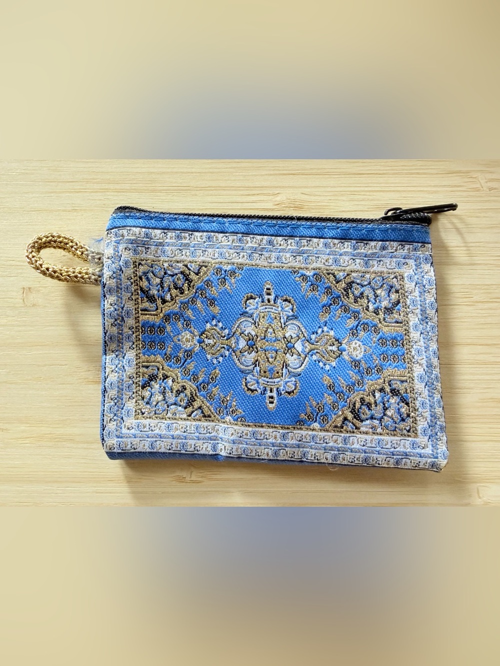 Blue Gold Brocade Coin Purse Mini Zip Pouch Ornate Woven Wallet NWOT